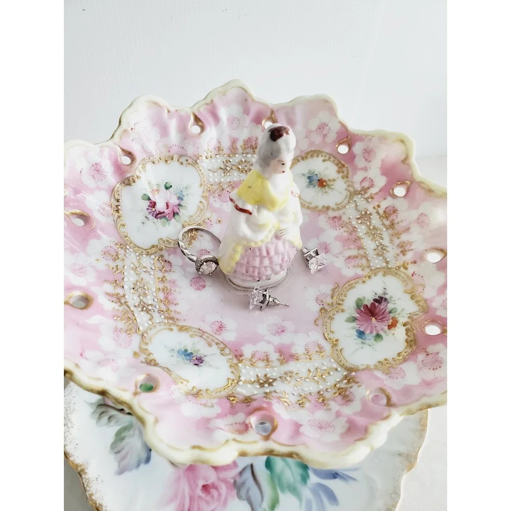 Trinket Dish Pink Floral Figurine Tiered Jewelry Stand Vintage Gold Gilt Shabby